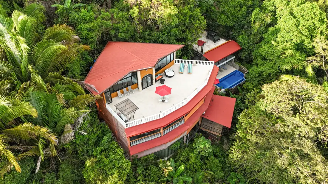 An aerial view shows a red-roofed house surrounded by dense greenery.