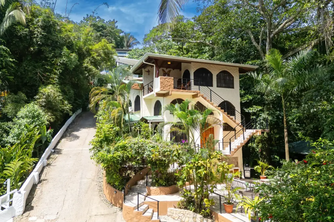 A multi-level house sits among lush greenery beside a sloping paved driveway.