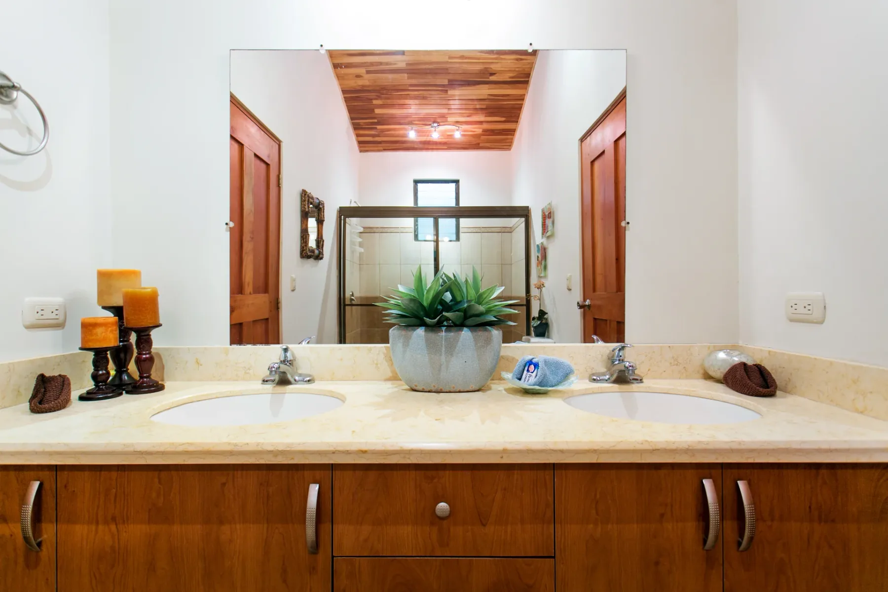 Un tocador de baño con dos lavabos, un espejo grande y una planta en maceta.