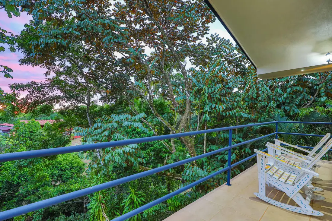 A covered balcony overlooks dense green trees and foliage.