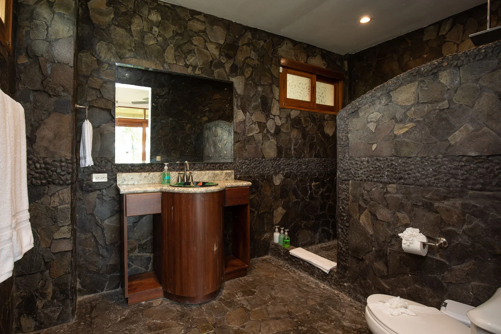 Un baño revestido de piedra tiene un tocador, un espejo, un inodoro y una zona de ducha.