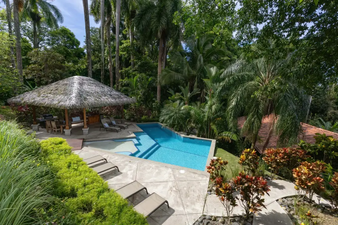Una piscina y una zona de asientos a la sombra están rodeadas de vegetación tropical.