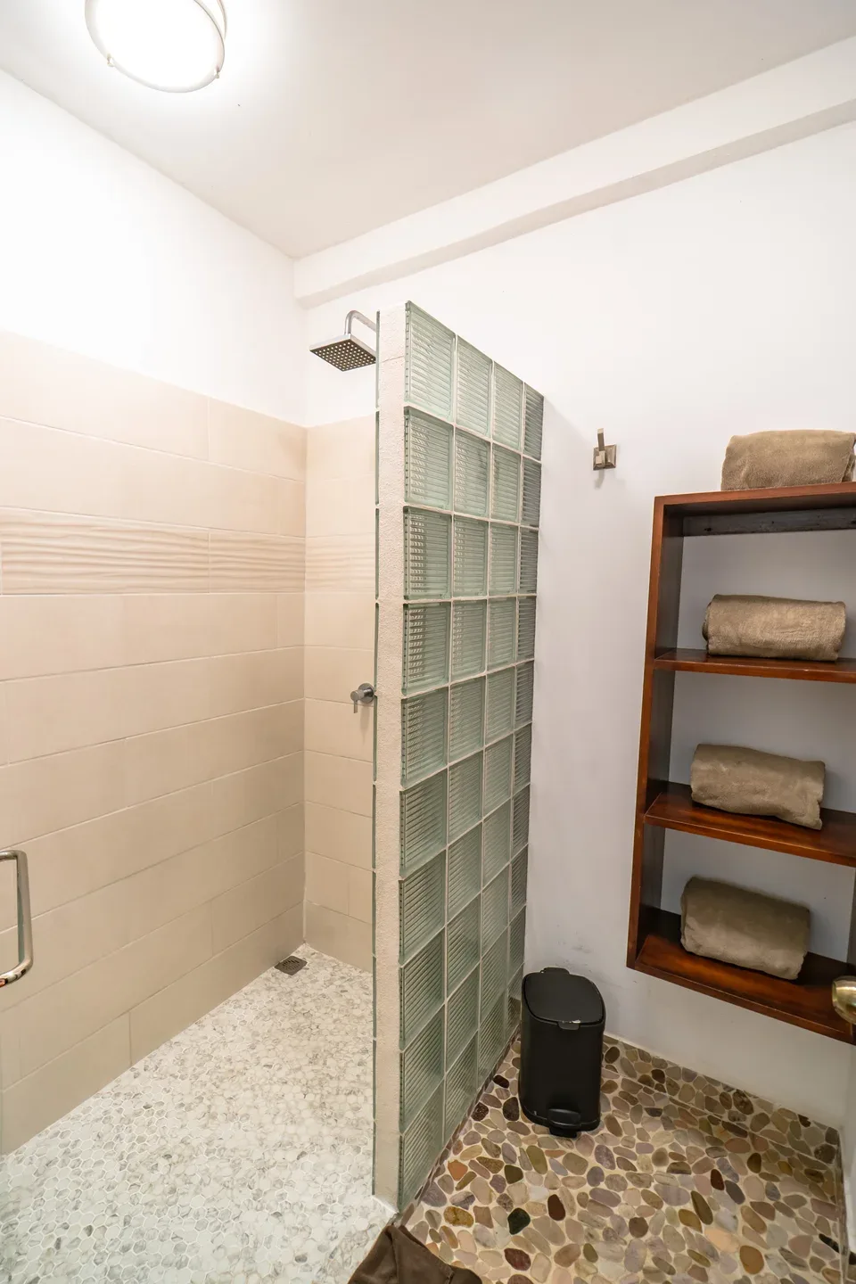 Zona de ducha alicatada con un tabique de bloques de vidrio y estantes abiertos para toallas.