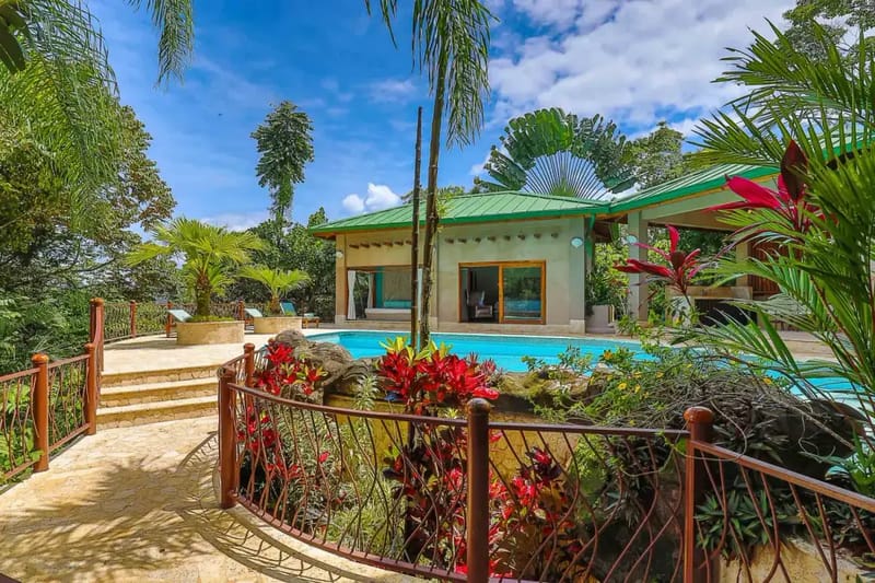 Casa Estrella del Mar · 7. A vibrant blue swimming pool sits amidst abundant tropical plants and palm trees, fronting a contemporary building with a green roof and large sliding glass doors that open to the natural surroundings.