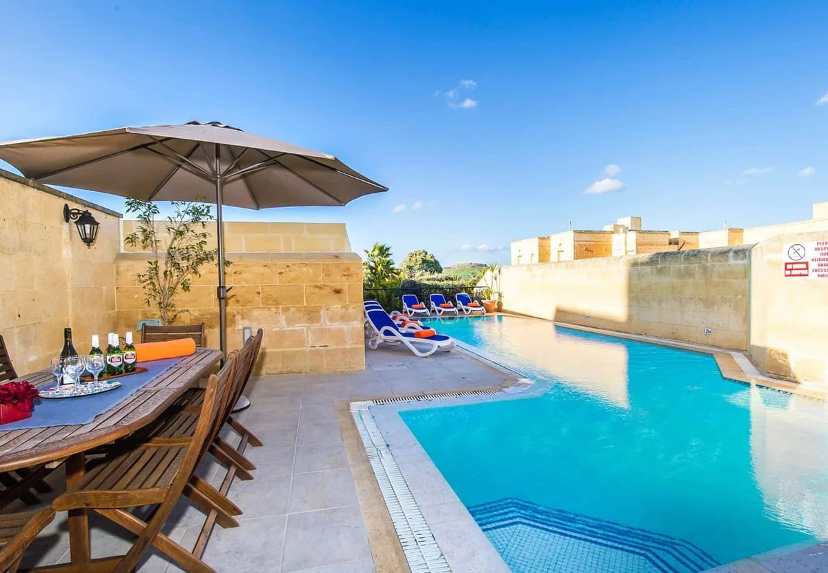 Pool area of Four Winds holiday villa in Gozo