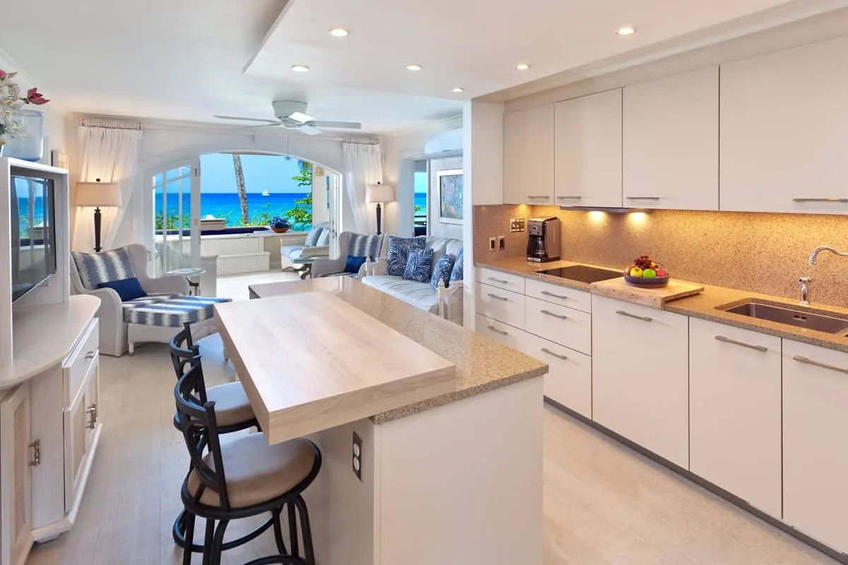 An open-plan kitchen and dining area opens onto a living space with ocean views.