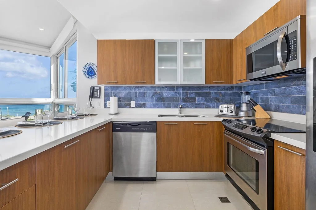 Fully equipped coastal kitchen with ocean views