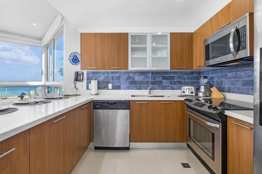 Fully equipped coastal kitchen with ocean views