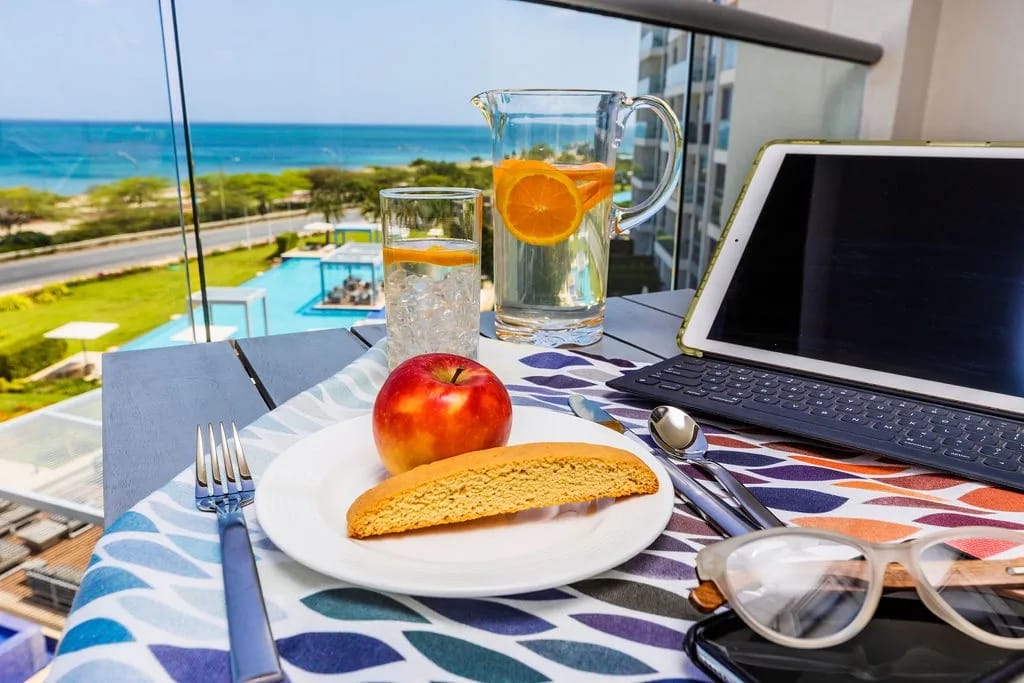 Start your morning with a refreshing breakfast on your private balcony, where stunning sea views and sparkling pool scenery create the perfect backdrop for your vacation moments.
