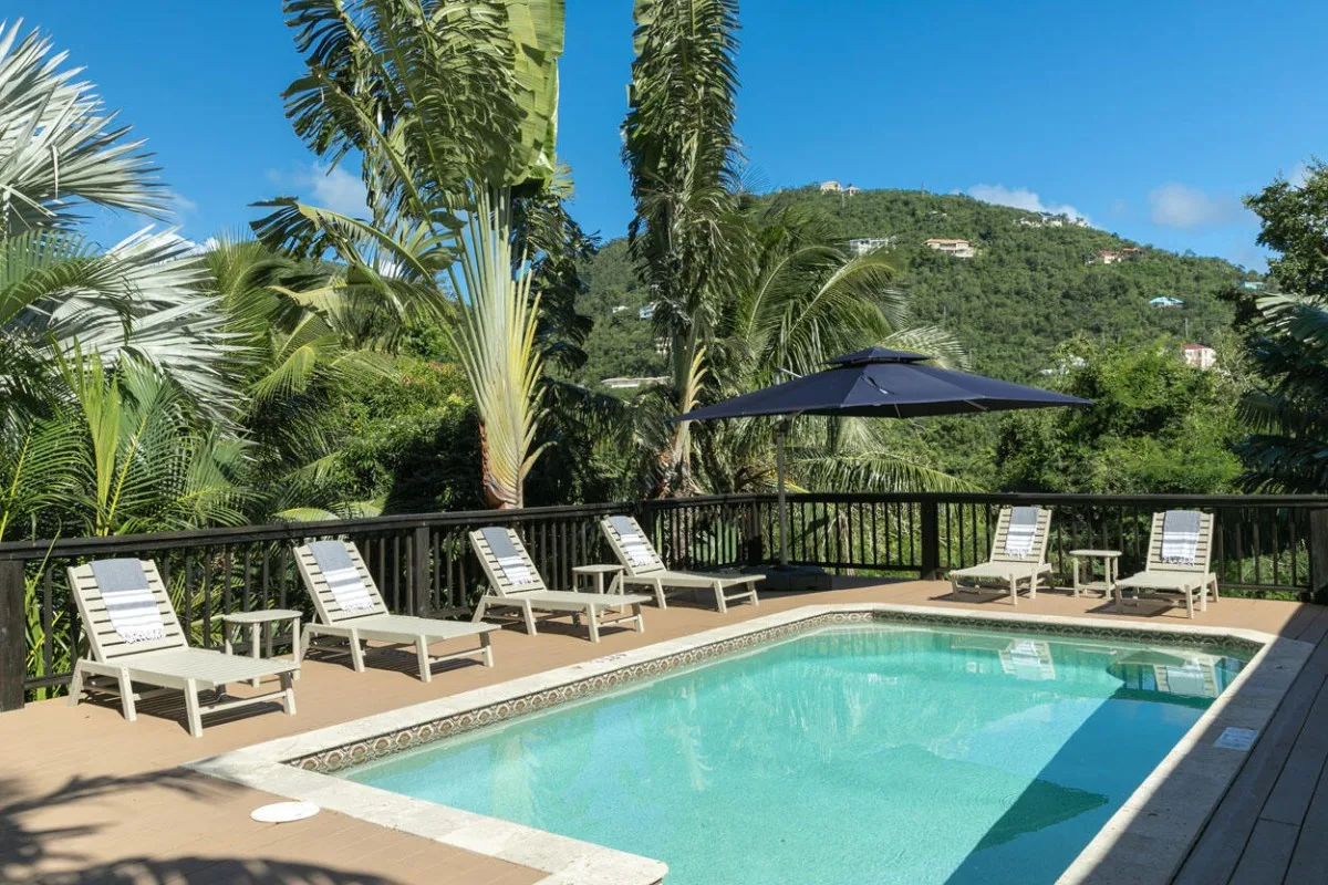 Una piscina al aire libre está junto a una terraza con tumbonas y plantas tropicales.