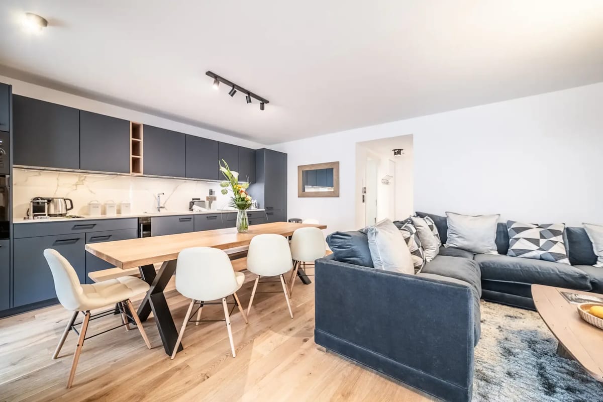 Modern kitchen and dining area.