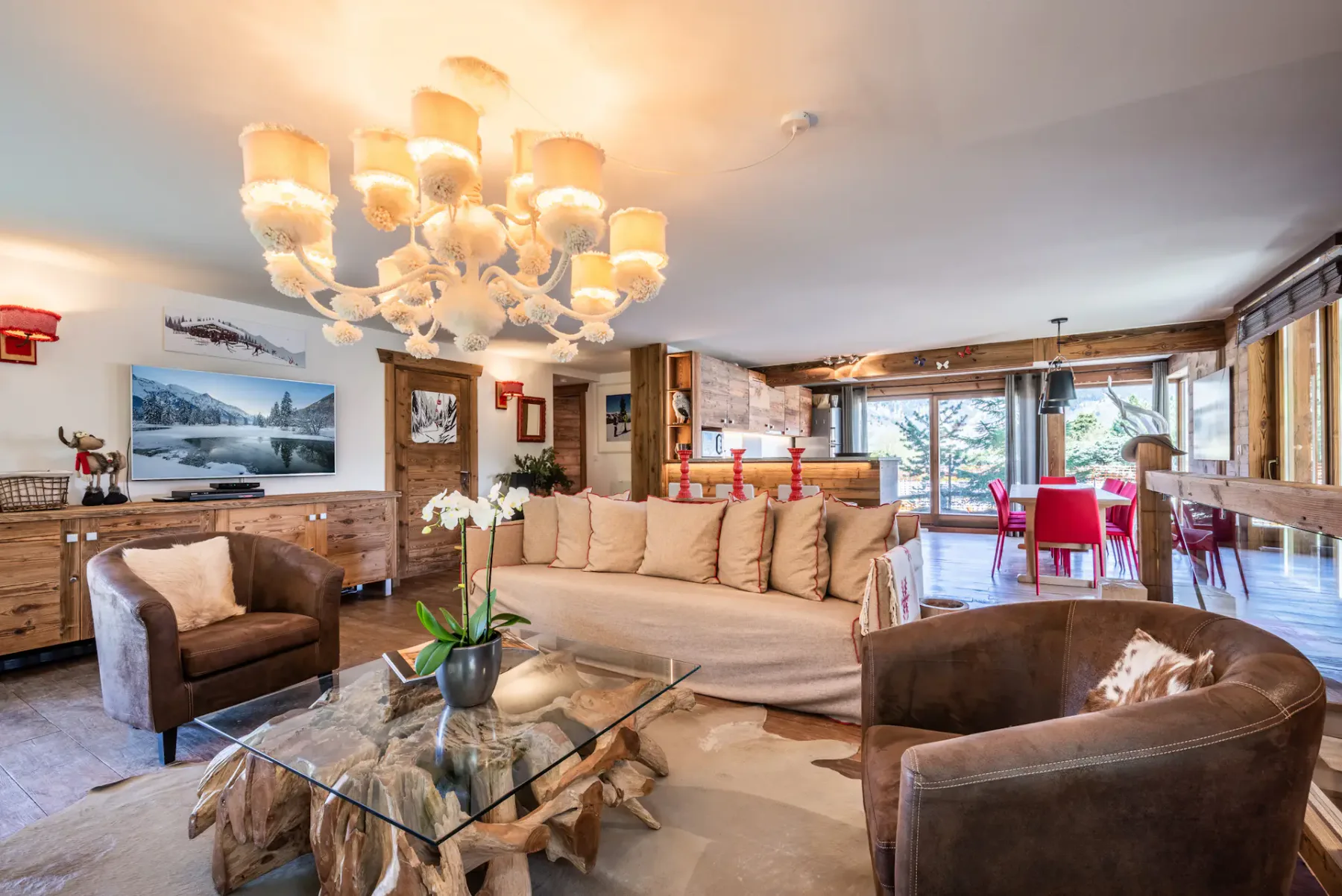 Alpine living room luxury ski in ski out apartment Moabi Courchevel Le Praz