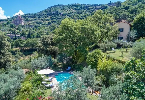 An outdoor swimming pool sits among trees and greenery on a hillside.