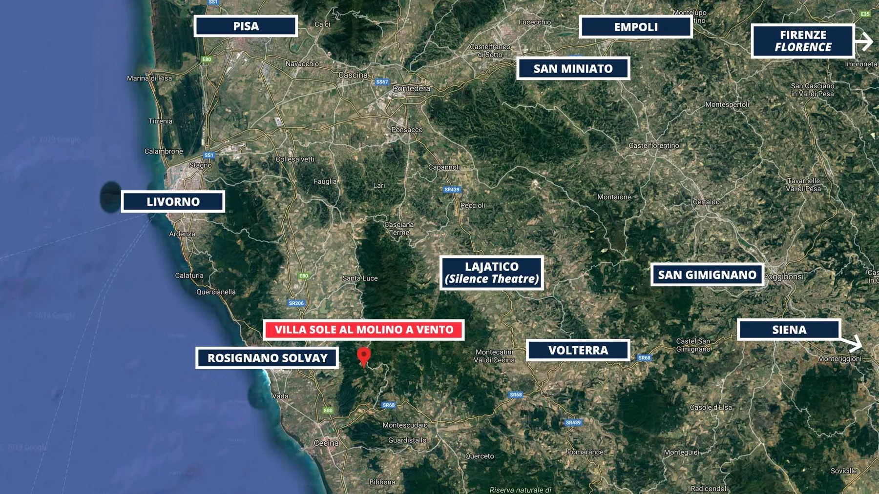 A satellite map of Tuscany highlights Villa Sole al Molino a Vento among nearby towns.