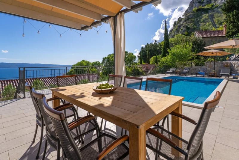 Outdoor dining area with an outdoor kitchen