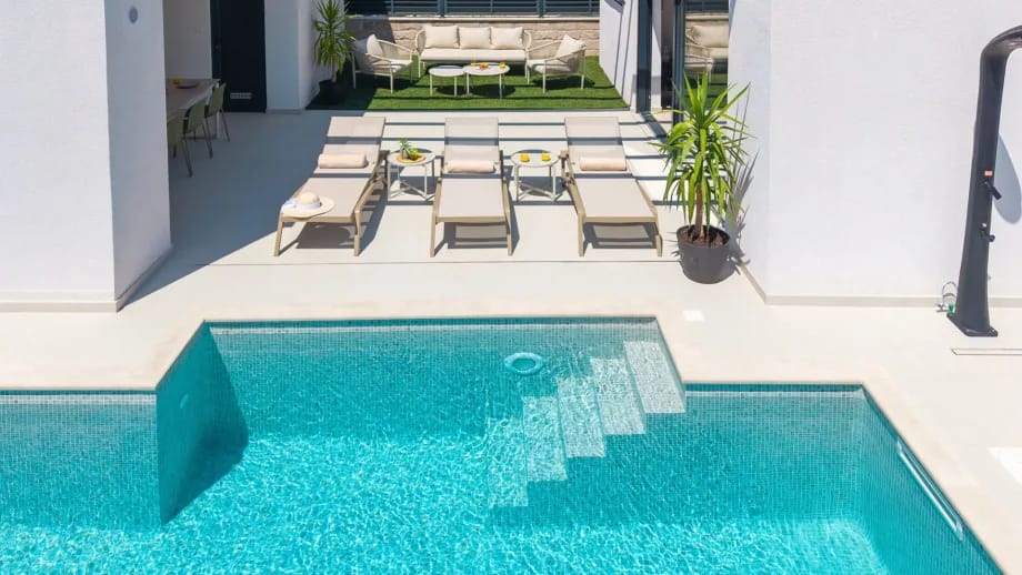 Aerial view of the 7m x 3m heated pool and outdoor lounge.