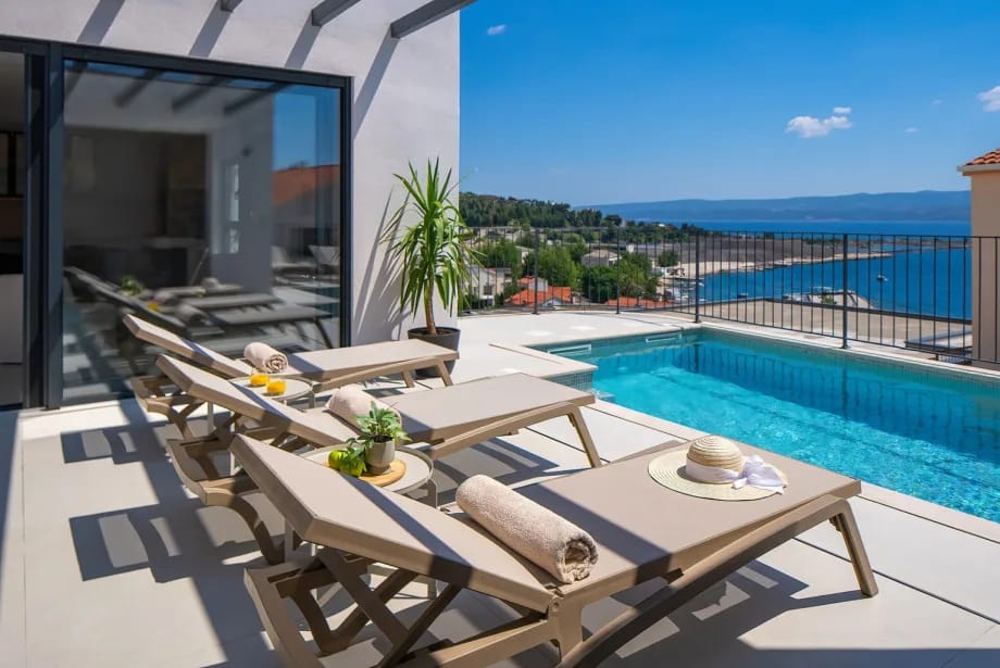Sea views from the sun deck beside the private heated pool.