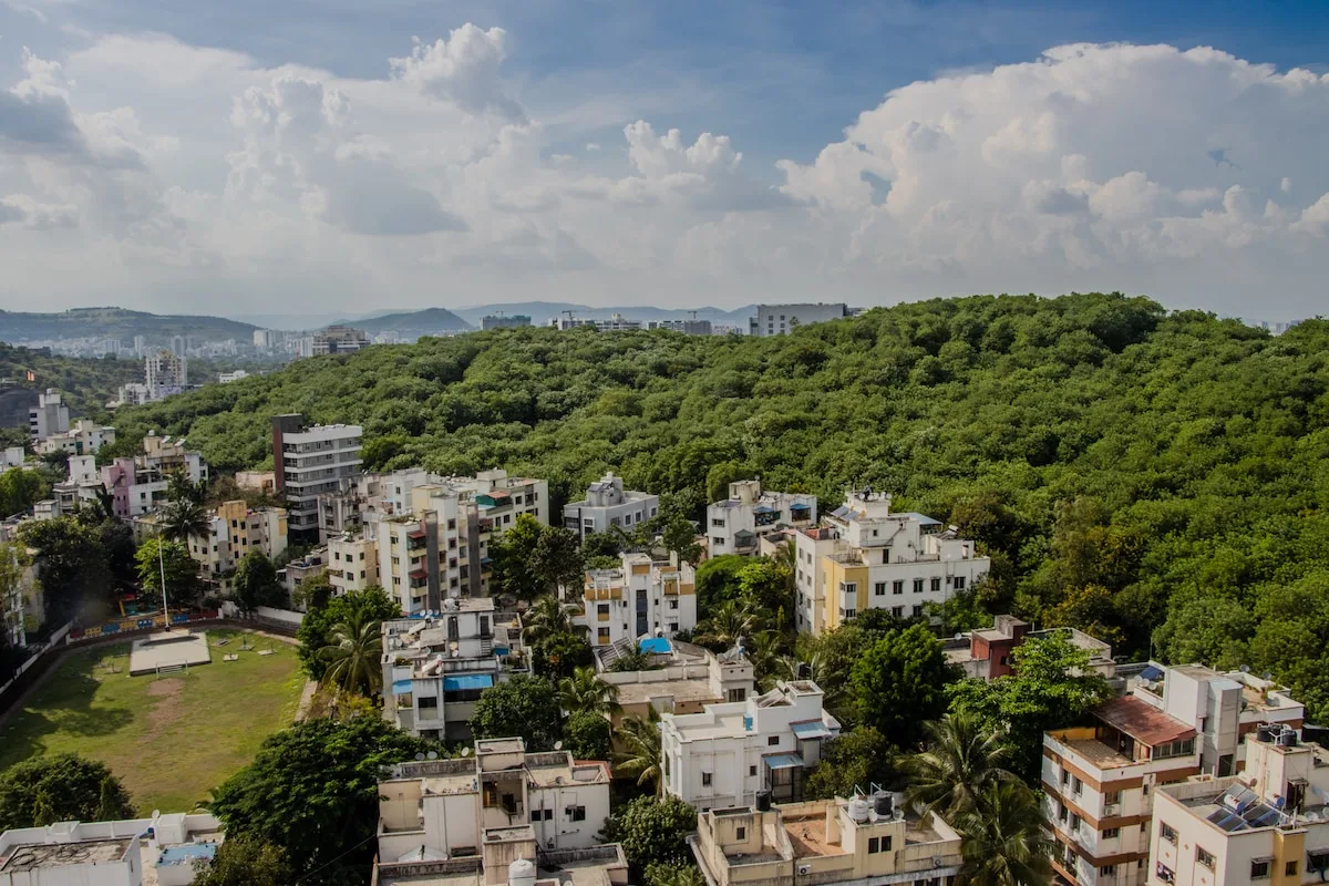 Vista aérea de edificios residenciales junto a una colina densamente arbolada bajo un cielo nublado.