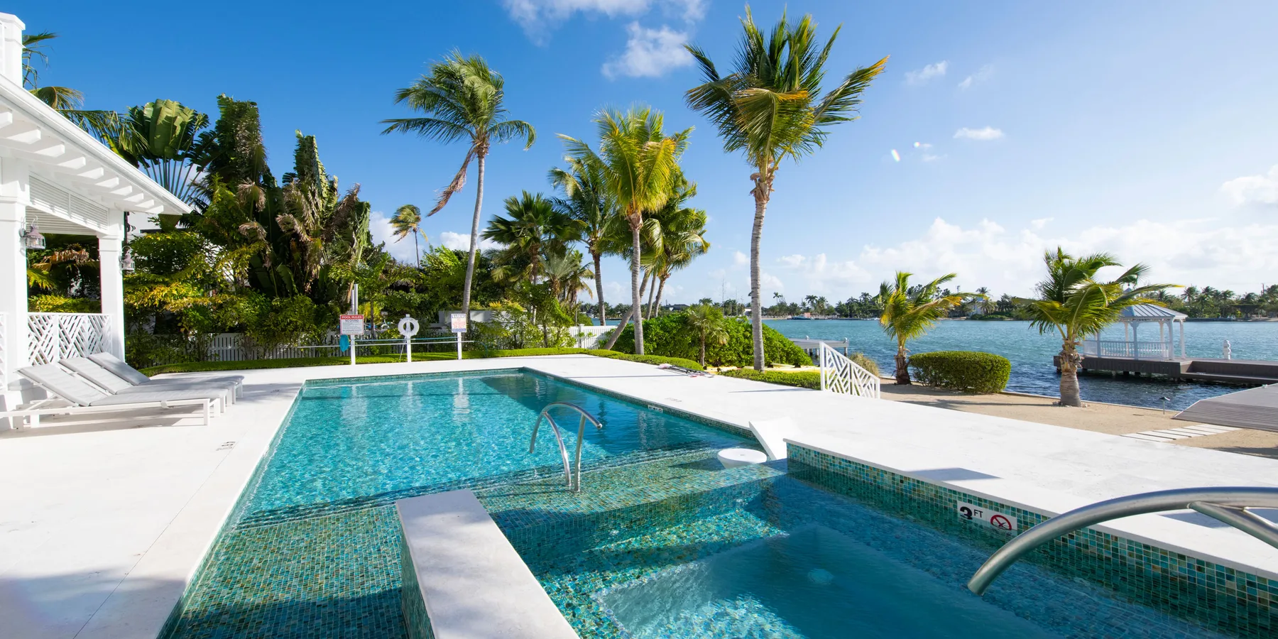An outdoor swimming pool beside palm trees, with a waterfront view.