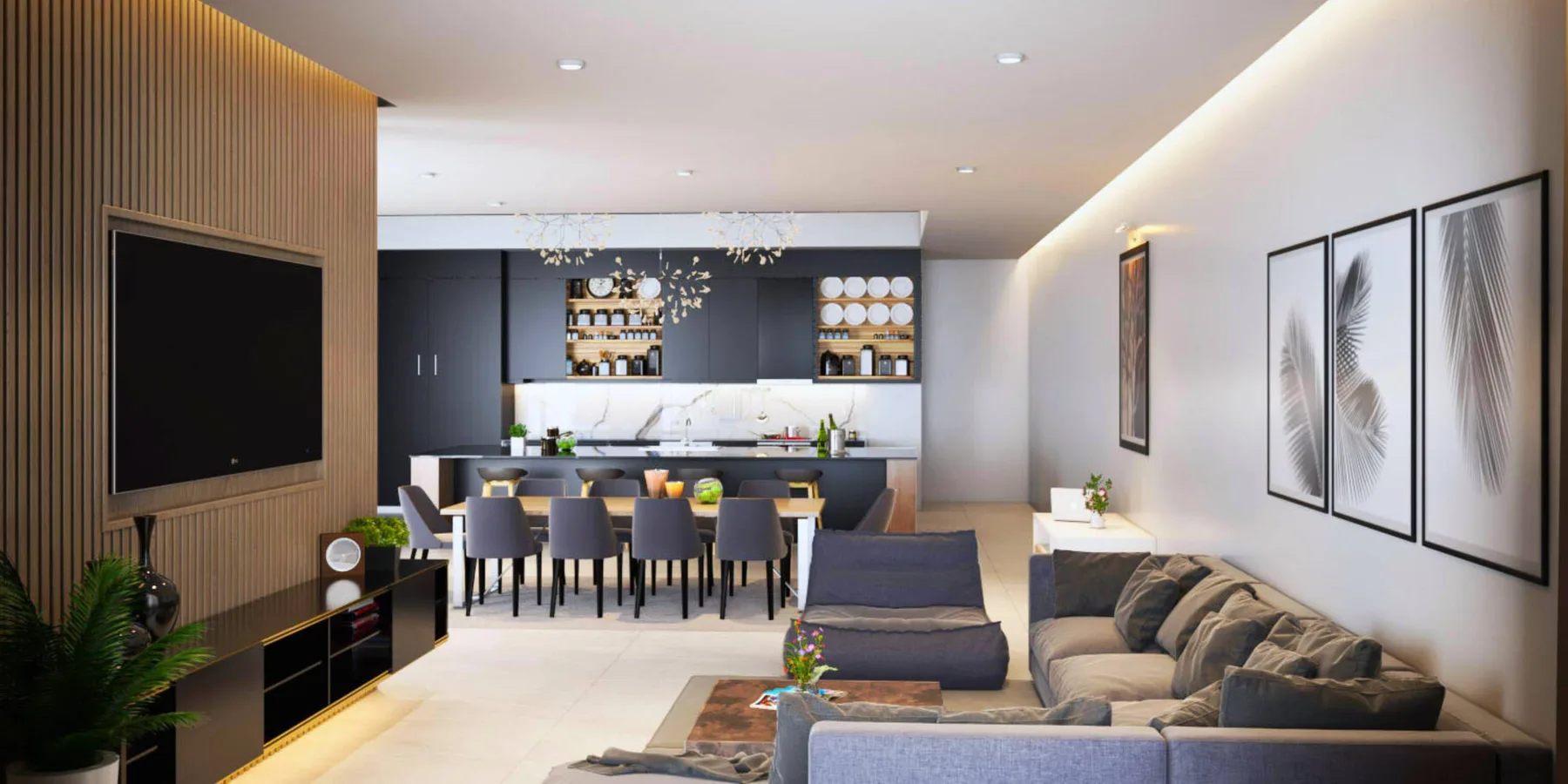 A modern living and dining area with a television wall and a long dining table.
