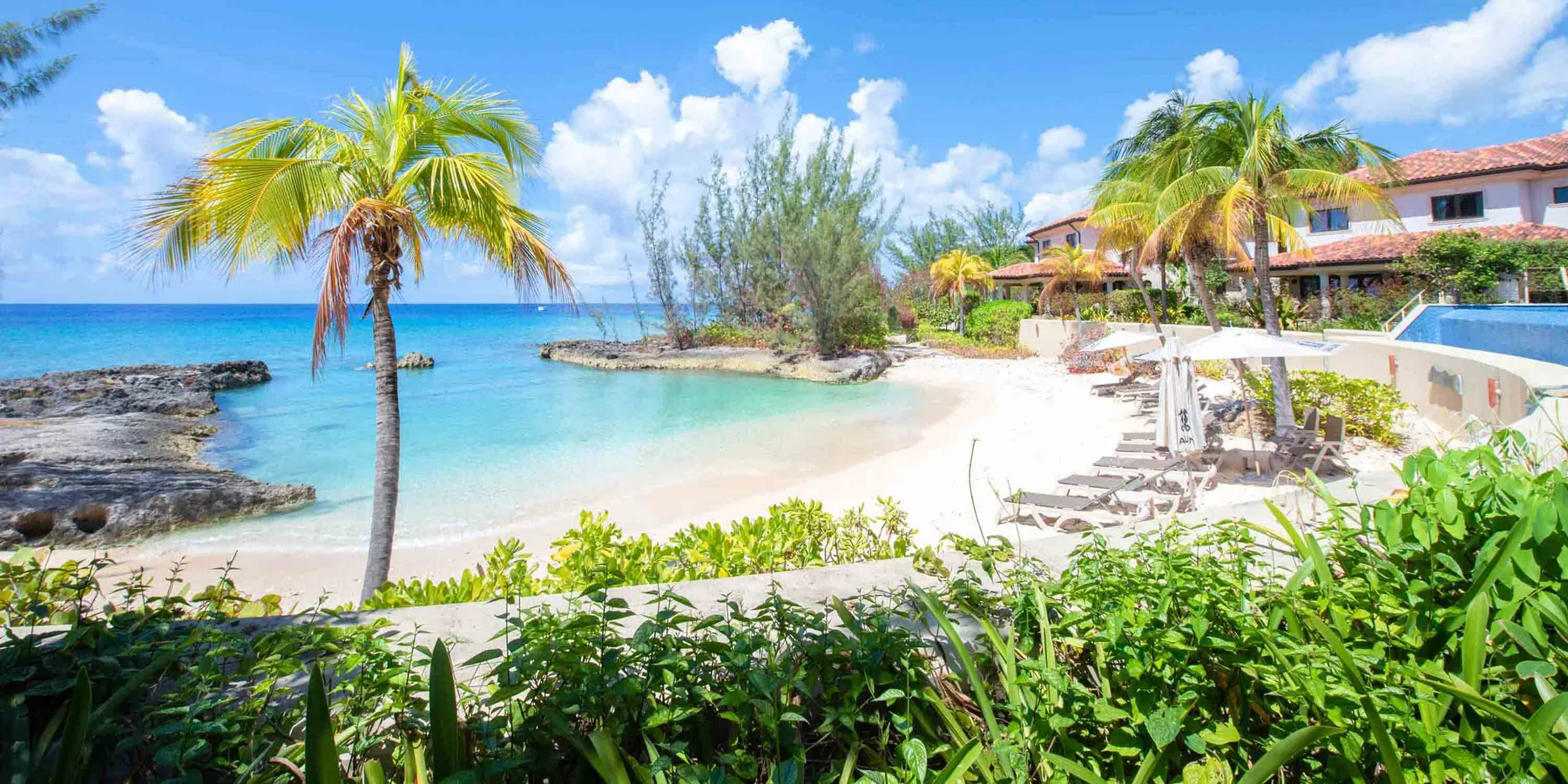Una playa tropical con agua turquesa, palmeras y edificios de un resort.