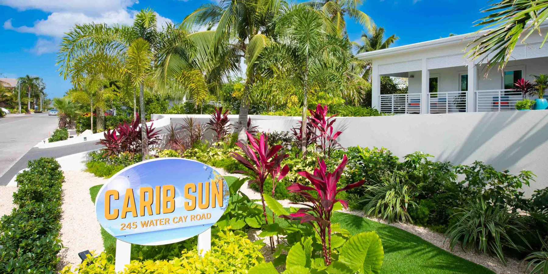 A landscaped tropical garden with palm trees and a white building beside a road.