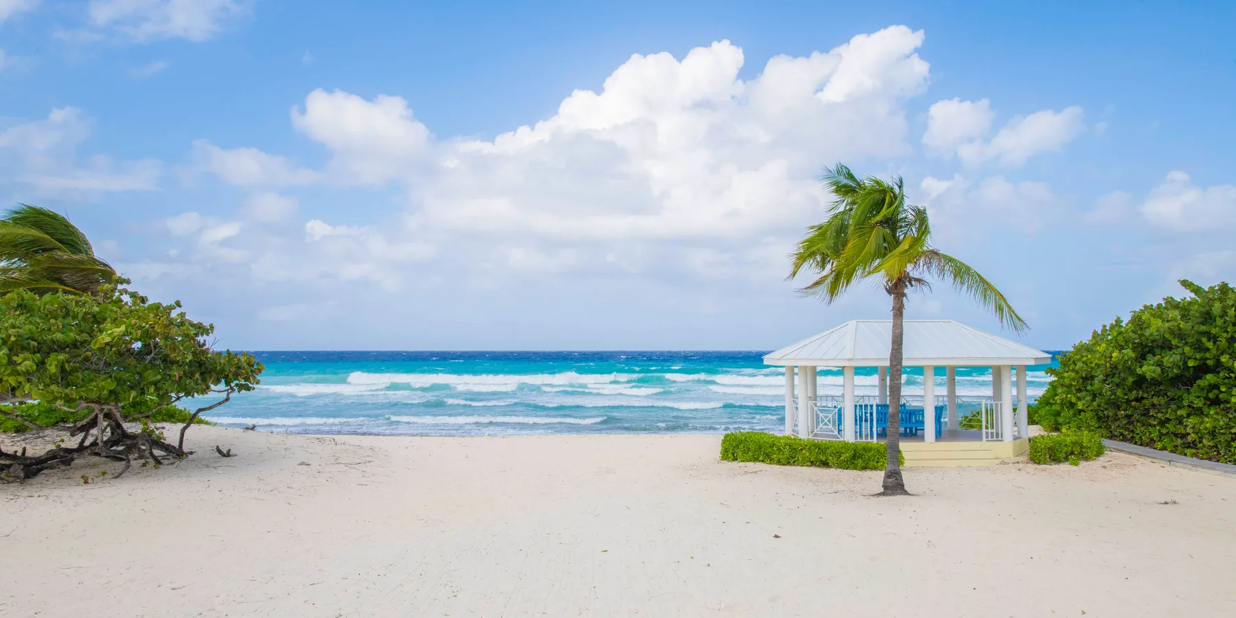 Una playa de arena bordea el agua azul, con un pequeño pabellón junto a una palmera.