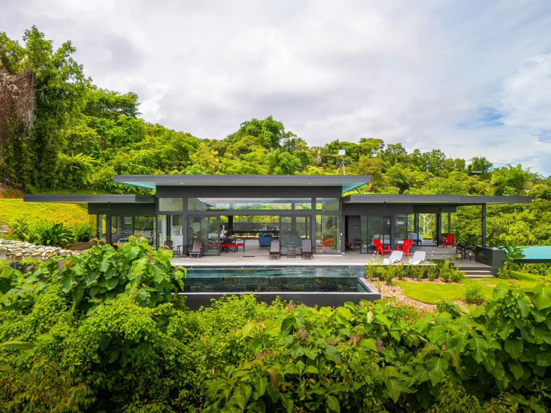 A modern house opens onto a swimming pool, with dense green vegetation surrounding the property.