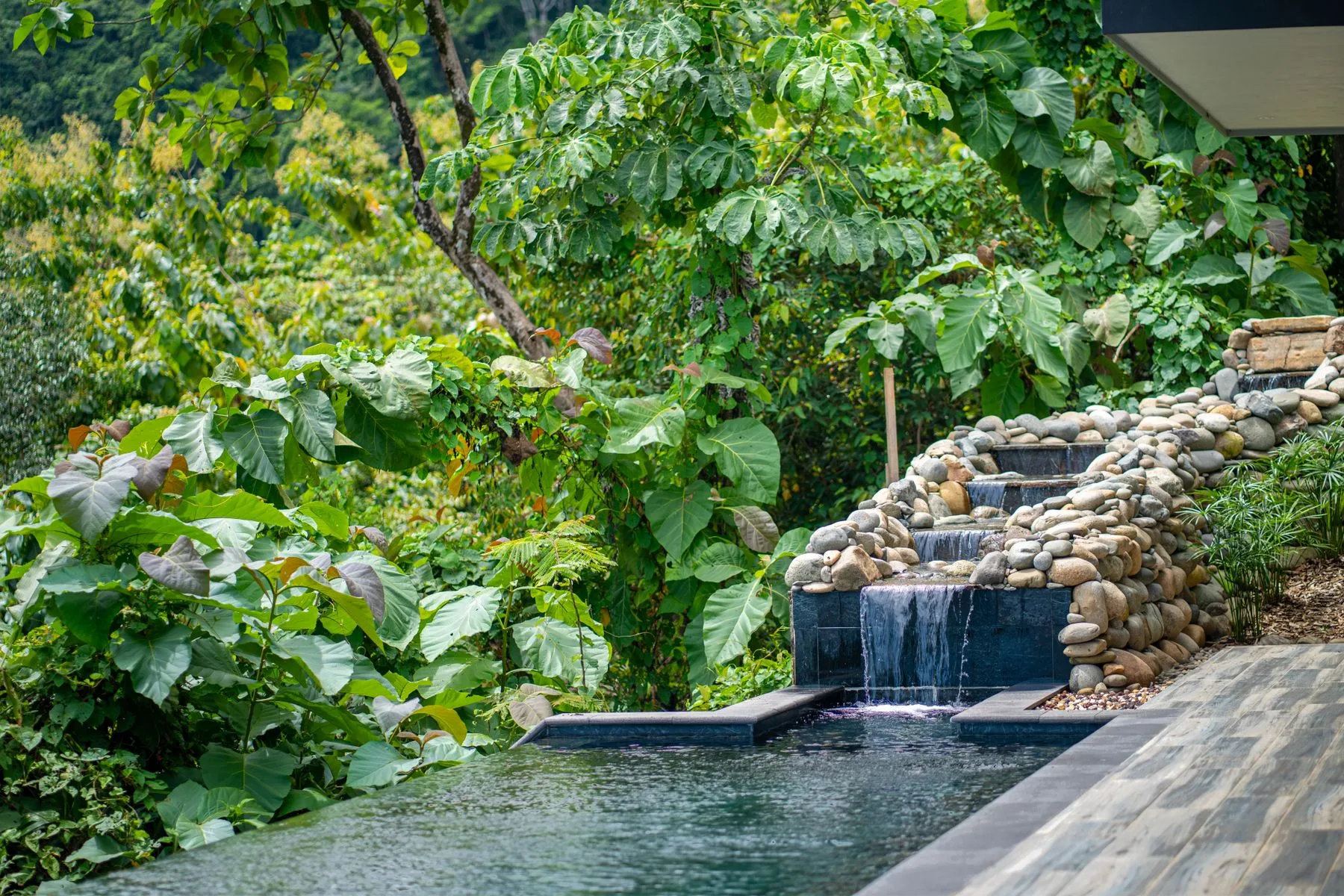 An outdoor pool sits beside a stone water feature, surrounded by dense greenery.