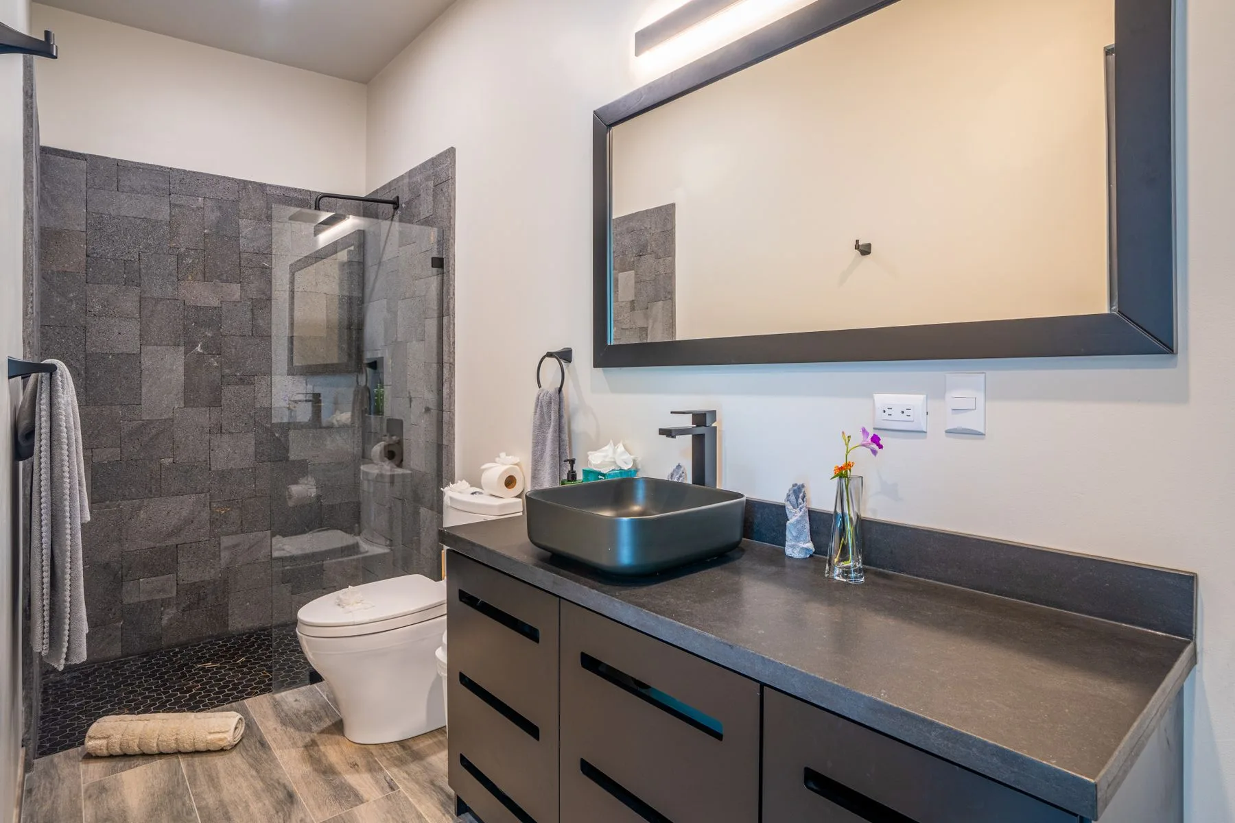 A modern bathroom with a glass shower, toilet, and dark vanity.