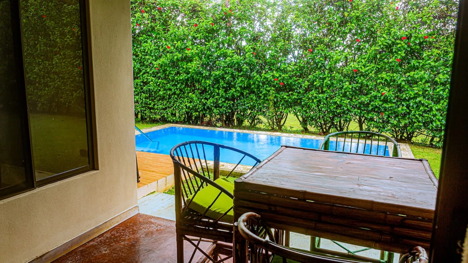 A patio table and chairs overlook a small swimming pool bordered by greenery.