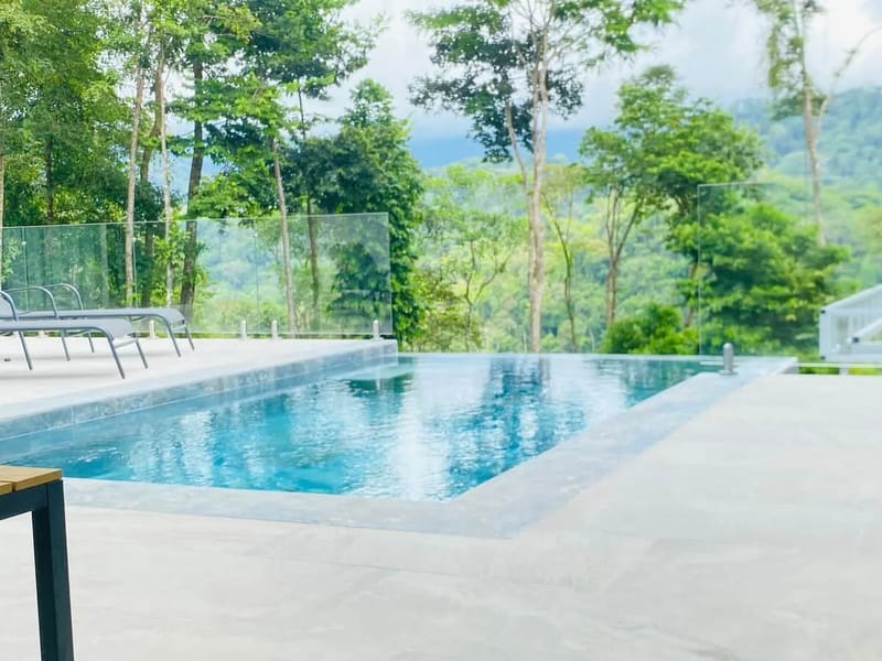 Pool with rainforest and mountain views