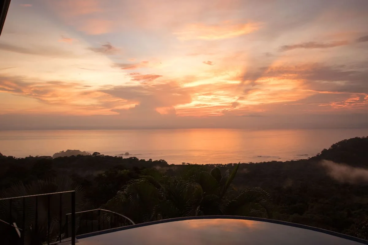 A sunset glows over the calm sea beyond a dark, wooded coastline.