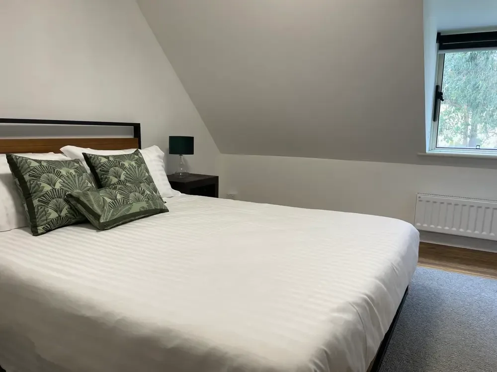 A bedroom with a neatly made bed and patterned pillows.