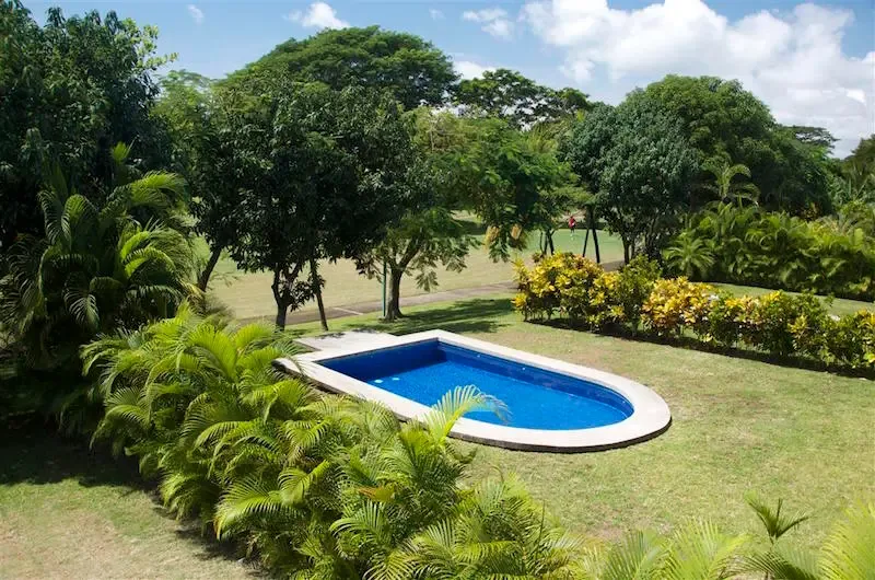 A blue swimming pool sits in a grassy garden surrounded by trees and shrubs.