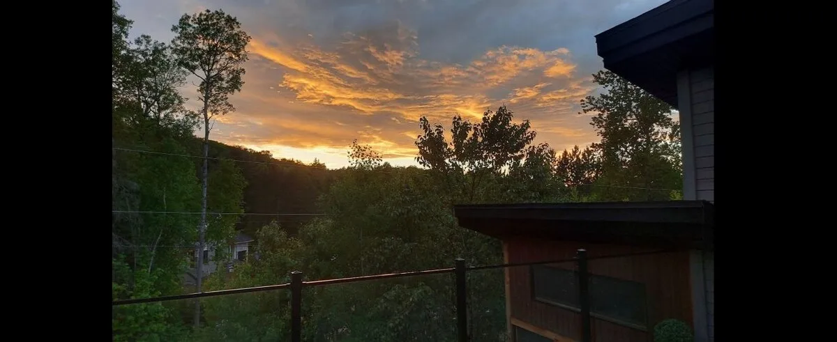 El atardecer ilumina una ladera boscosa detrás de una barandilla de patio.