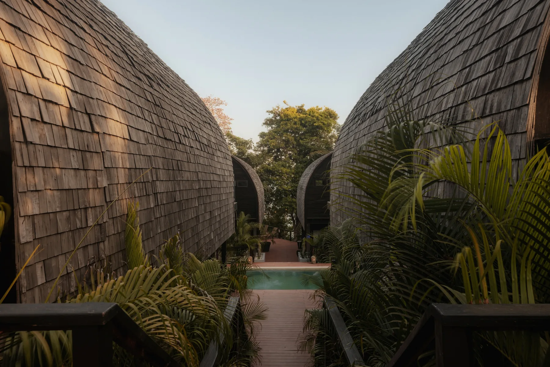 Un sendero estrecho conduce entre edificios curvos con tejas hacia una pequeña piscina, con plantas tropicales a los lados.