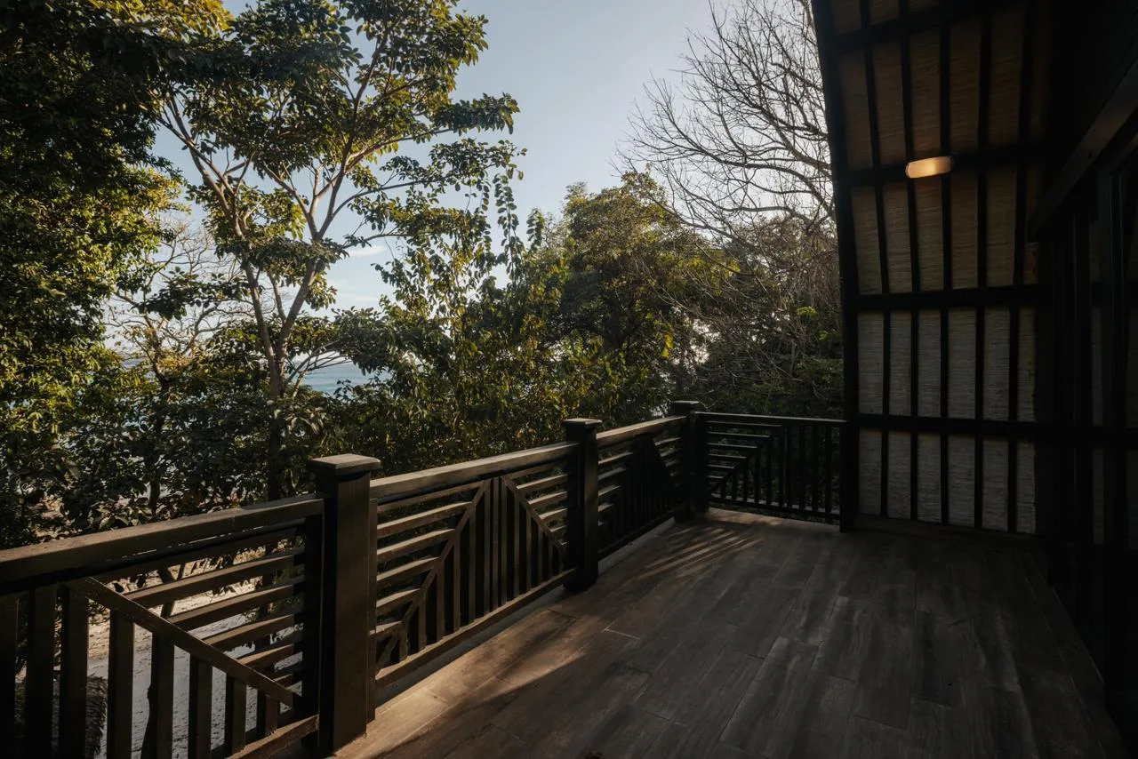 Una terraza de madera con barandillas oscuras mira entre árboles frondosos hacia un atisbo de agua.