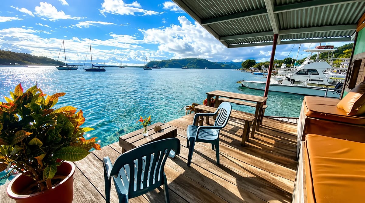 Alquiler de casa flotante en Golfito con vistas panorámicas a la bahía.