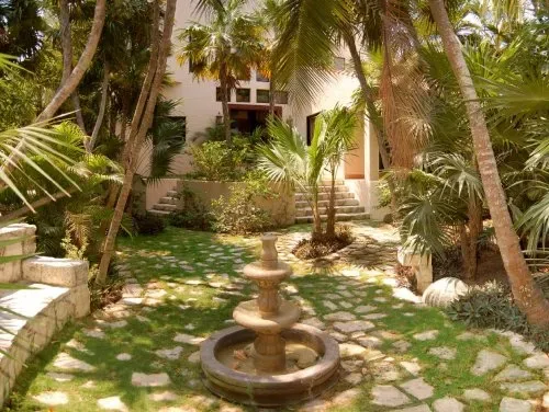 Un patio tropical con una pequeña fuente y un camino de piedra entre palmeras.
