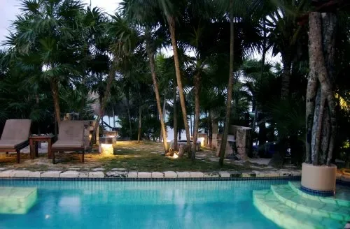 Una piscina rodeada de palmeras y asientos al aire libre.