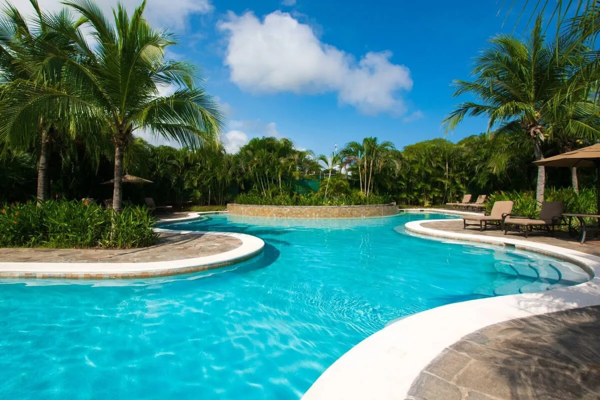 A turquoise swimming pool curves around a planted island beneath palm trees.