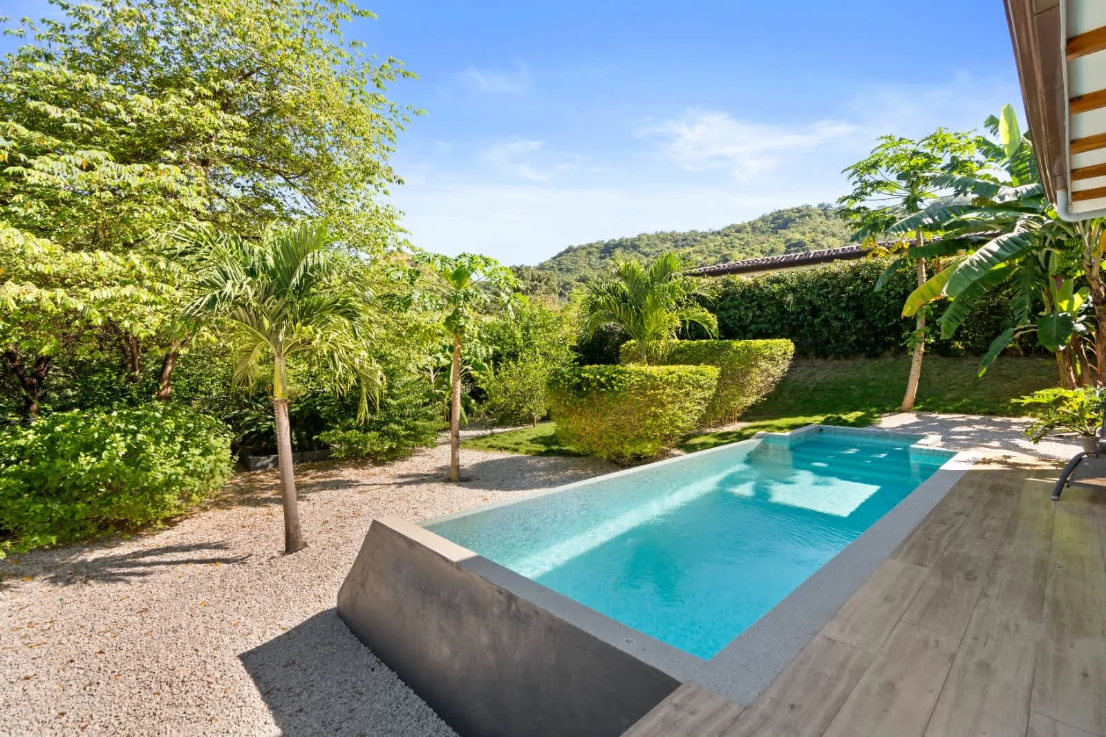 An outdoor swimming pool sits beside a garden and paved patio.