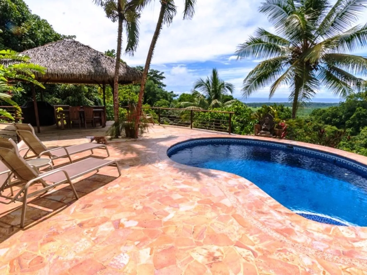 A curved swimming pool sits beside a shaded patio with palm trees and ocean views.