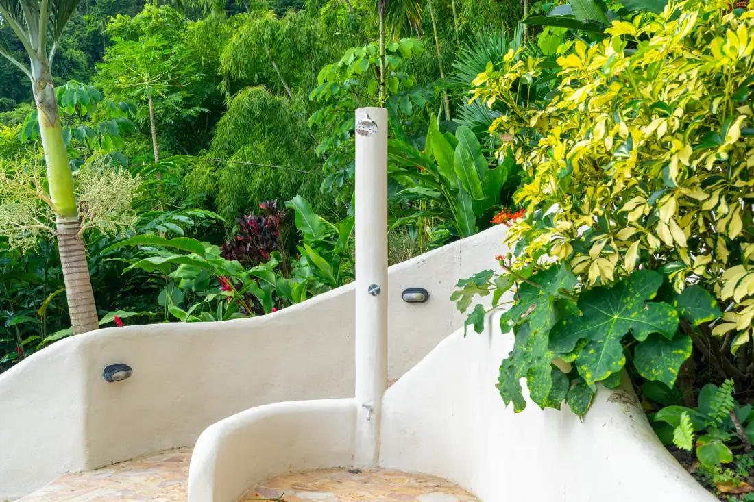 A small outdoor shower area is surrounded by lush tropical plants.