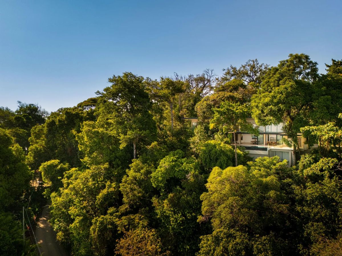 Colíbri Sur · 2. The modern multi-level villa, featuring extensive glass walls and an outdoor pool terrace, is surrounded by a dense canopy of tropical trees under a bright blue sky.