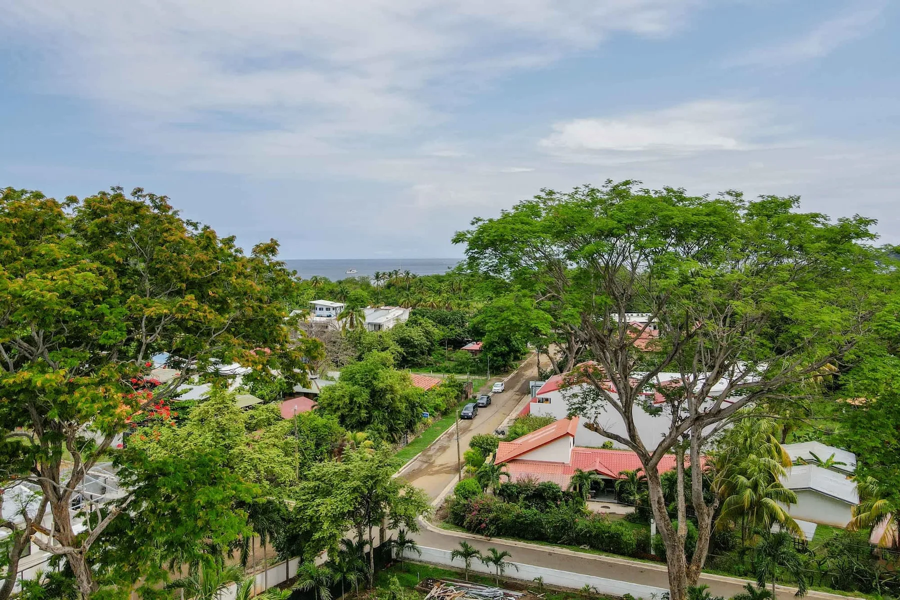 Aerial view of a leafy neighborhood with homes and a road beneath a partly cloudy sky.