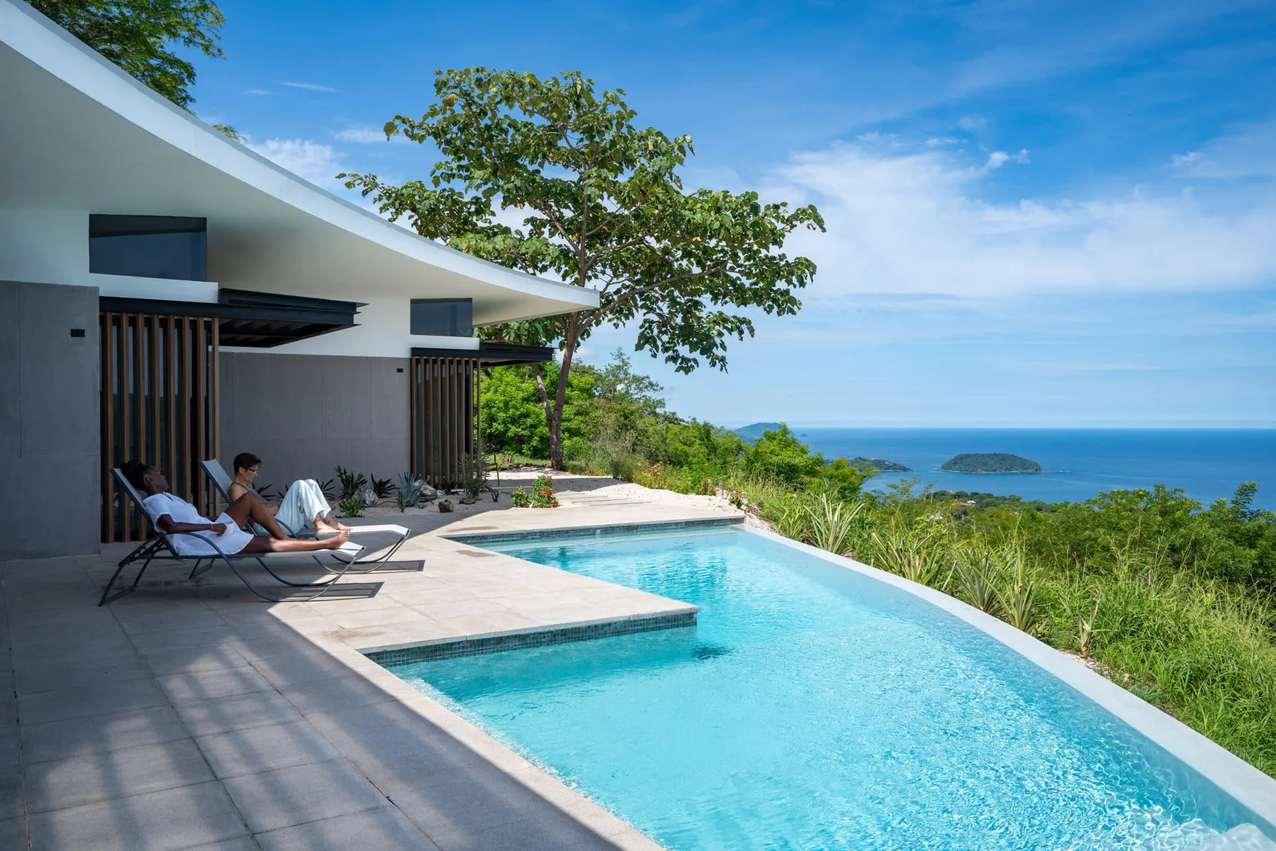 A modern house opens onto a swimming pool beside green coastal vegetation.