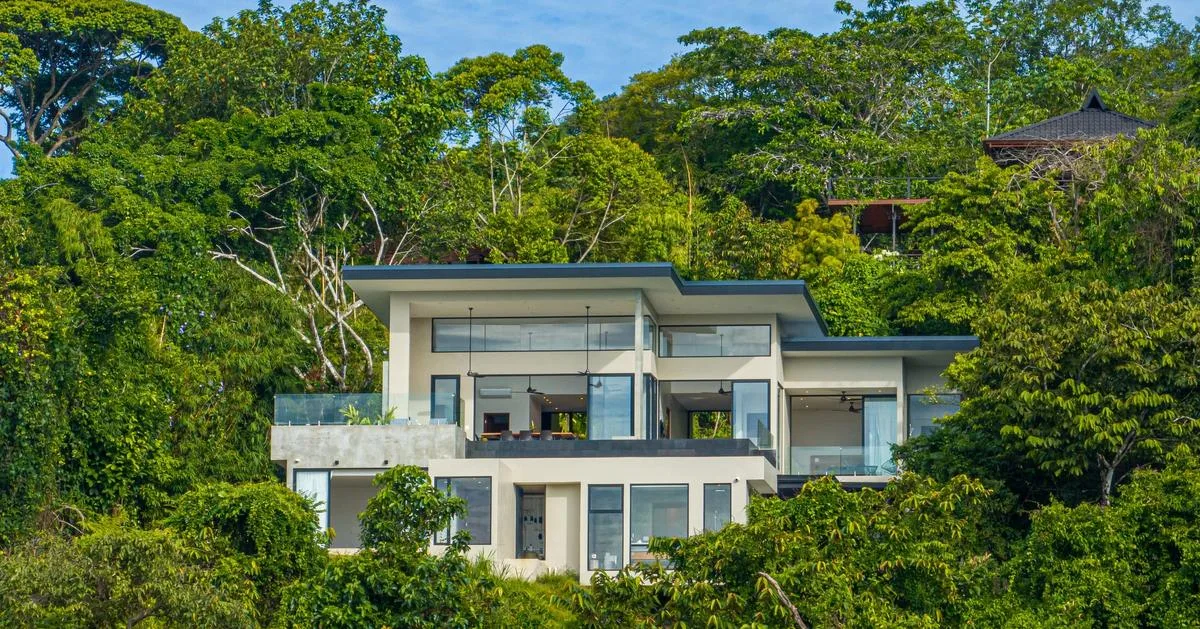 Una casa moderna está rodeada de árboles verdes en una ladera.