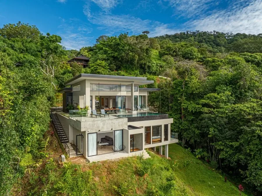 Una casa moderna con amplias ventanas se encuentra entre la densa vegetación de una ladera.